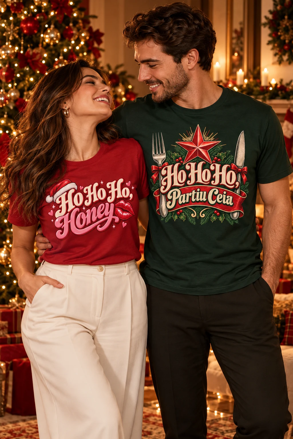 Casal usando as estampas Ho Ho Ho Honey e Ho Ho Ho Partiu Ceia