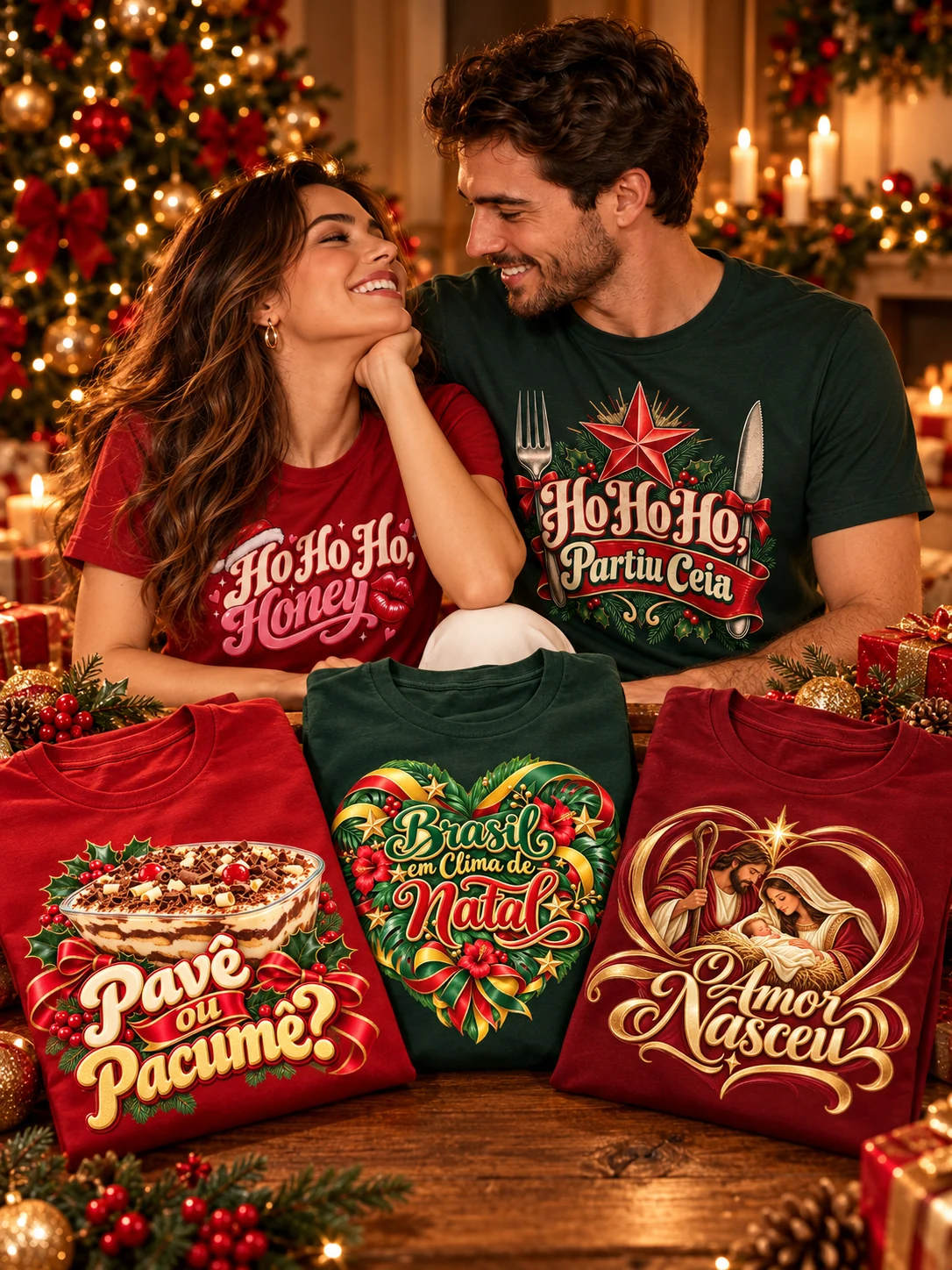 Casal com camisetas natalinas e três camisetas dobradas do Arsenal de Natal