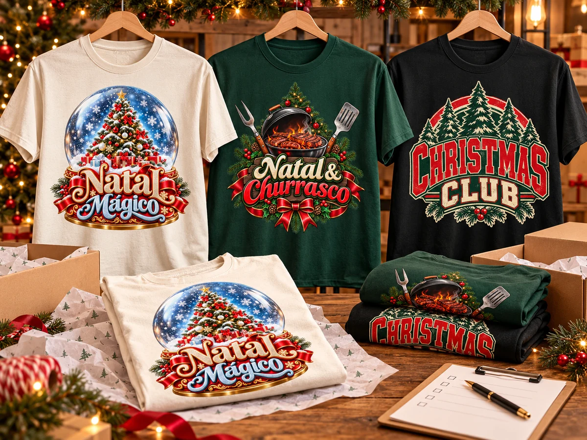 Camisetas natalinas prontas para apresentar, embalar e vender